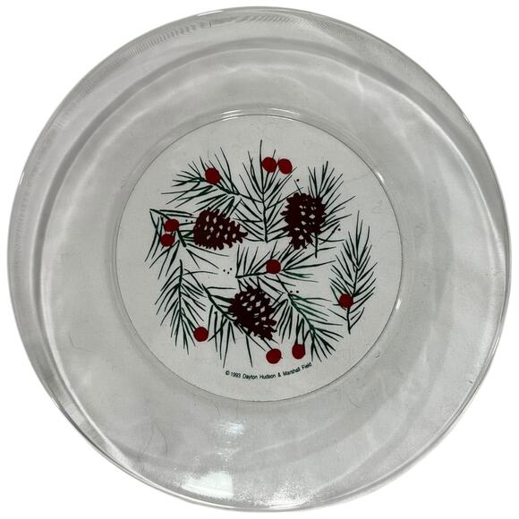 90s Christmas Evergreen Pine Cone Red Berry Clear Glass Serving Plate - Picture 1 of 16